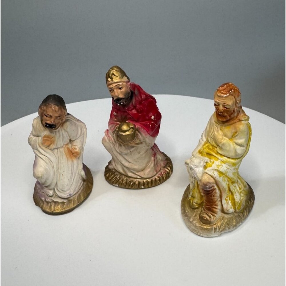 Antique Chalkware Nativity Figures Joseph King Melchior Shepherd c1930 4" Scale